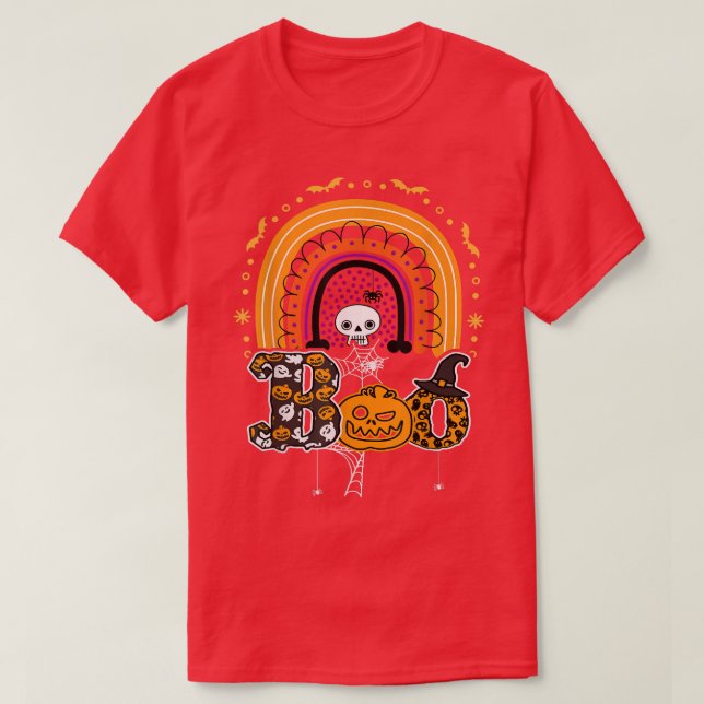 Boo med spindlar och spisar med Halloween Rainbow  T Shirt (Design framsida)