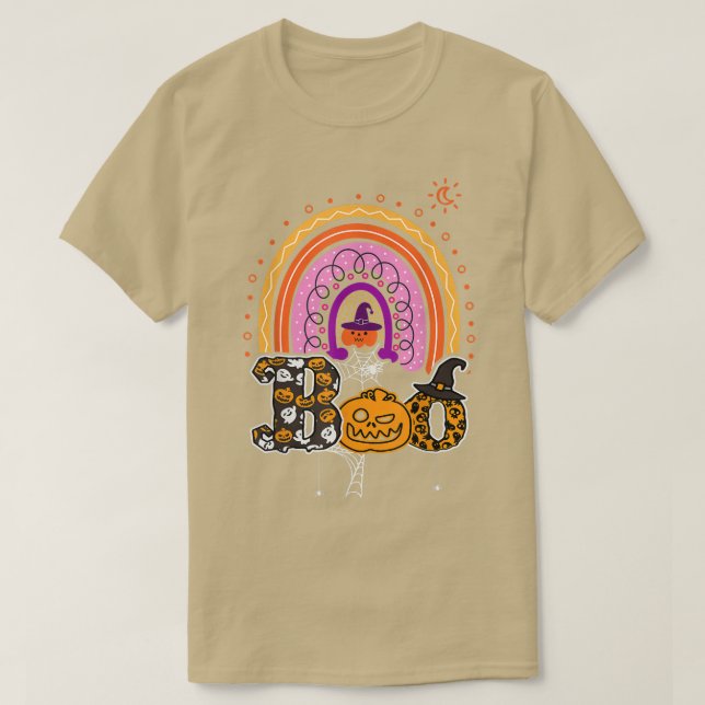 Boo med spindlar och spisar med Halloween Rainbow  T Shirt (Design framsida)