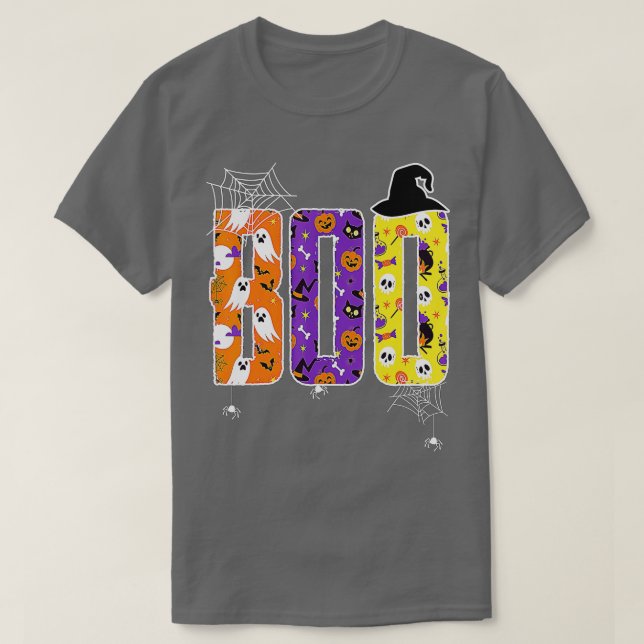 Boo med spindlar och spjäll, fuktig Halloween Fav T Shirt (Design framsida)
