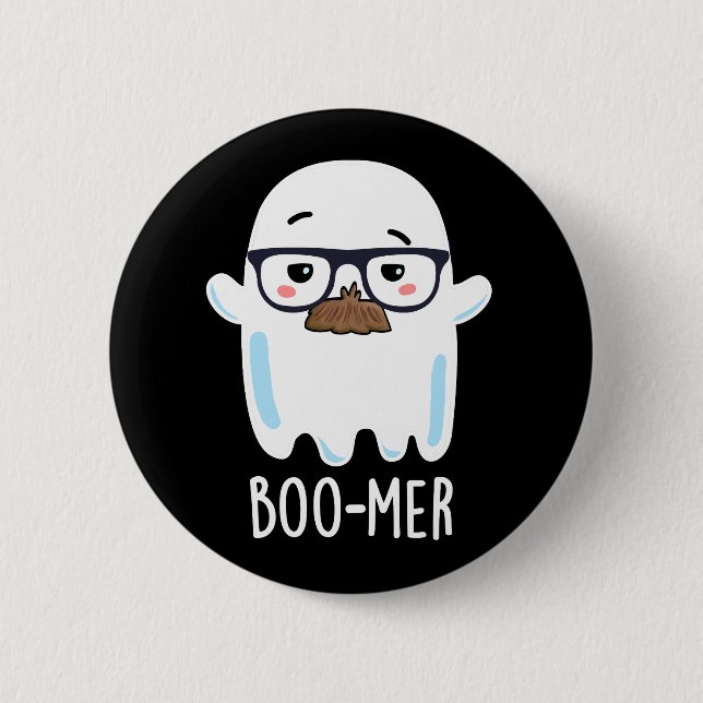 Boo-mer Funny Mitten Åldras Ghost Pun Mörk BG Knapp (Framsida)
