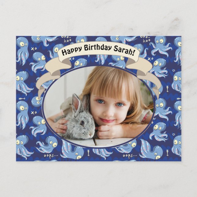 Boo Octopus Blue Cute Barns födelsedag Party Inbju Helg Vykort (Framsida)