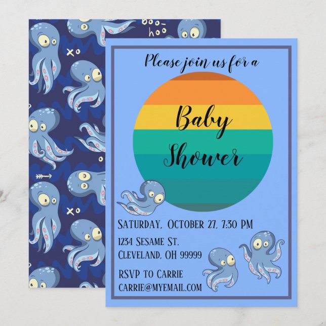 Boo Octopus Blue Retro Baby Shower-inbjudan Inbjudningar (Fram/baksida)