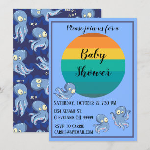 Boo Octopus Blue Retro Baby Shower-inbjudan Inbjudningar