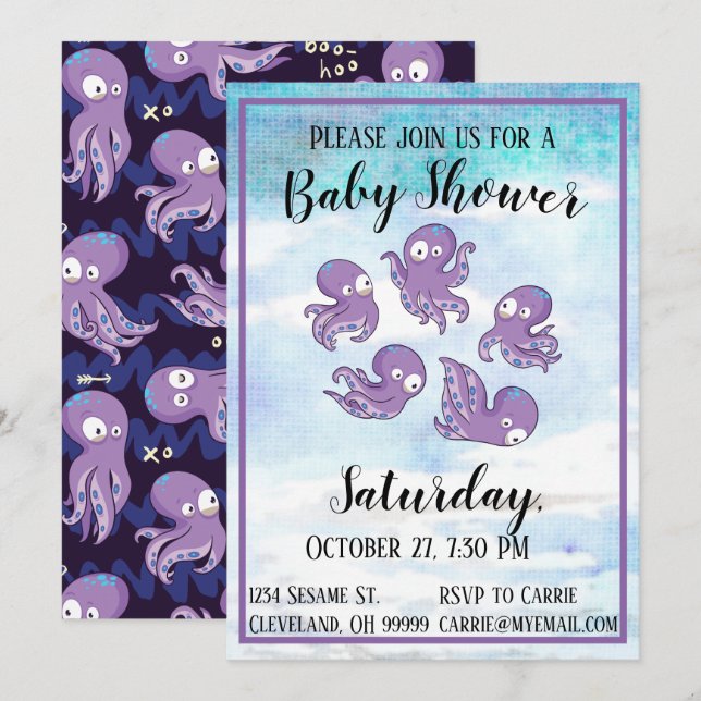 Boo Octopus Lila Baby Shower-inbjudan Inbjudningar (Fram/baksida)