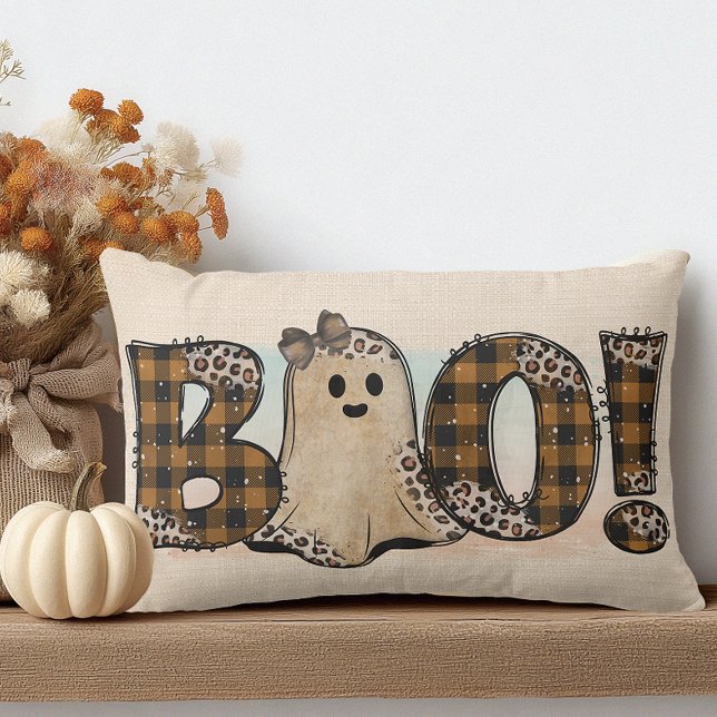 Boo Orange Svart Karo Halloween Lumbarkudde (Cute but Spooky Ghost Halloween Pillow)