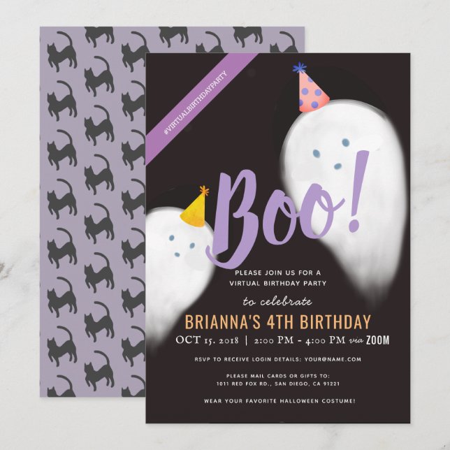 Boo Party Hat Ghost Halloween Virtuell Birthday Inbjudningar (Fram/baksida)