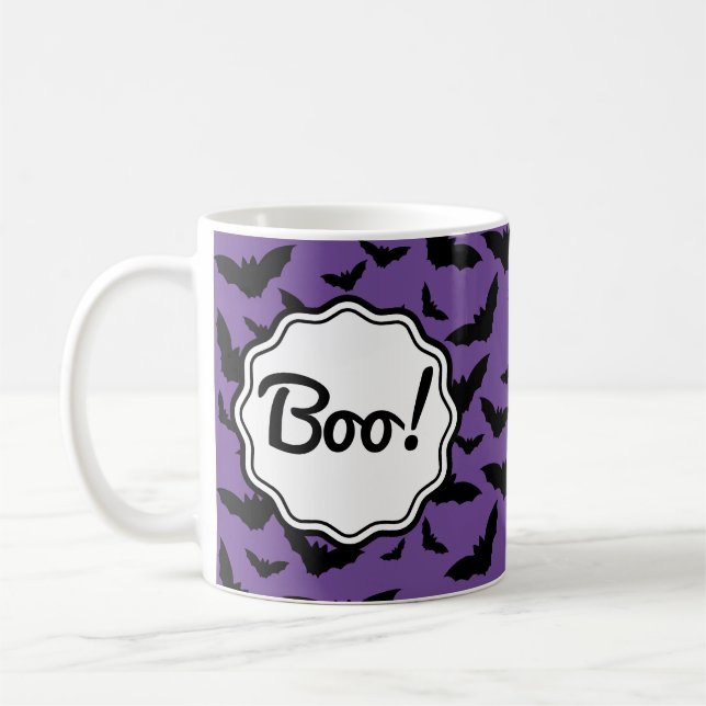 Boo! Personlig Halloween Lila Black Fladdermus Kaffemugg (Vänster)