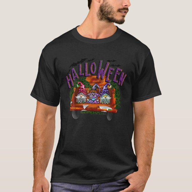 Boo Pumpkin Witch Gnomes in Halloween Lastbil Funn T Shirt (Framsida)