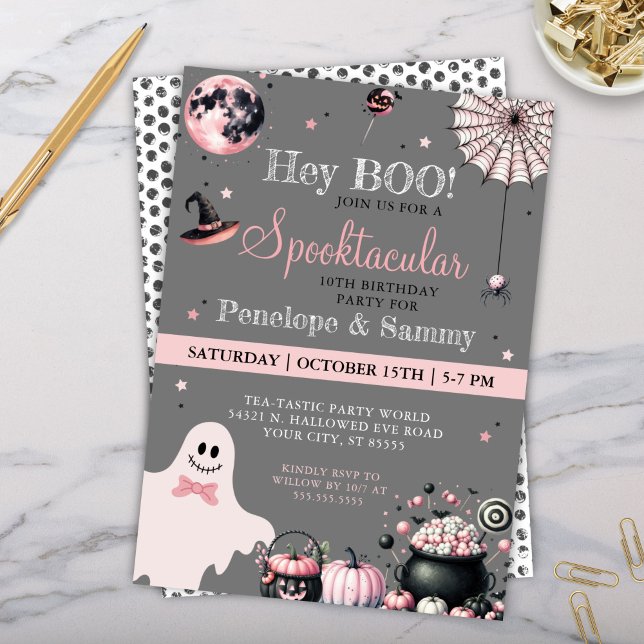 Boo Rosa Grått Girly Halloween Födelsedagsfest Inbjudningar (Spooktacular Halloween Birthday Party Costume Trick or Treat any Party Invitations for Girls)