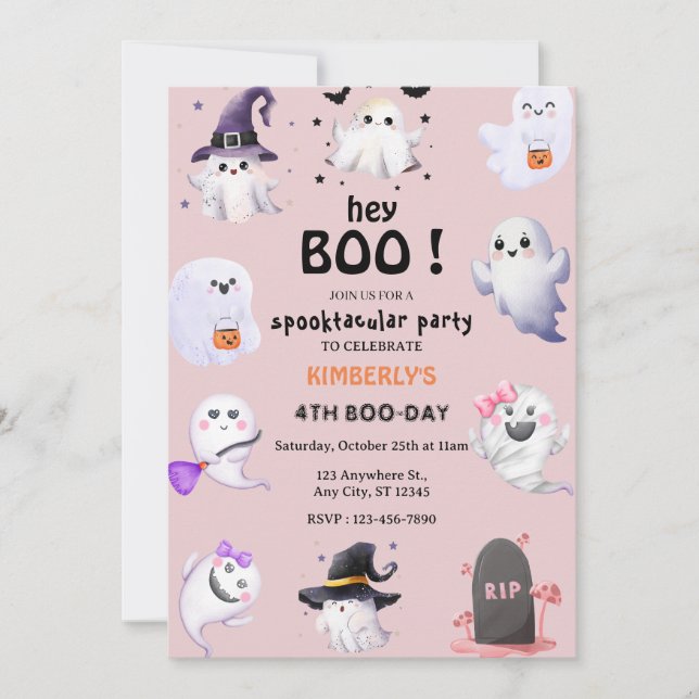 Boo! Rosa Lilac Halloween Ghost Girl Birthday Inbjudningar (Framsida)