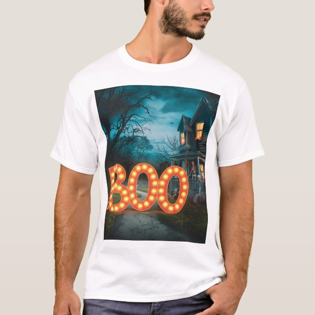 Boo Skeleton Pumpkin Haunted House Halloween Tee (Framsida)