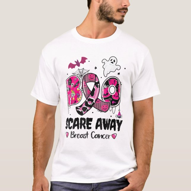 Boo Skräm Away Breast Cancer Warrior Rosa Ribbon H T Shirt (Framsida)