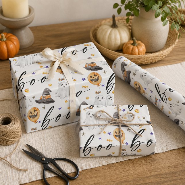 Boo söt akvarell Halloween-spöke pumpa mönster Presentpapper (Wrap up seasonal fun with this Boo cute watercolor Halloween ghost pumpkin pattern design. )