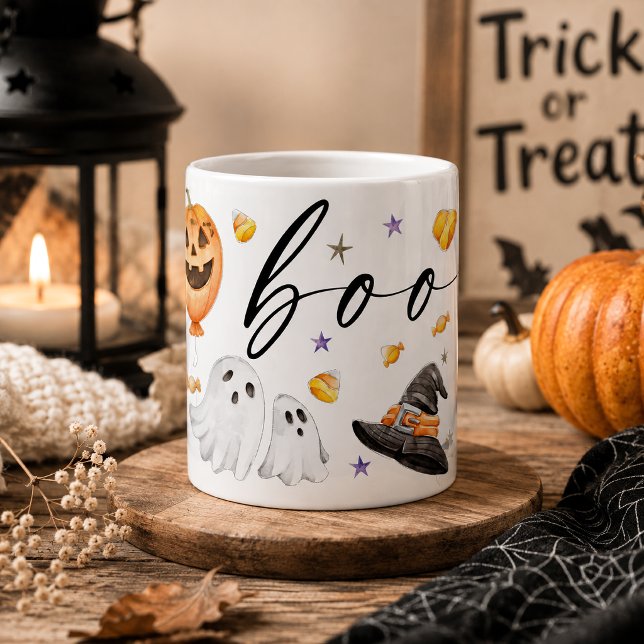 Boo söt akvarell Halloween spökpumpa Kaffemugg (Warm up your autumn mornings with this Boo cute watercolor Halloween ghost pumpkin coffee mug design)