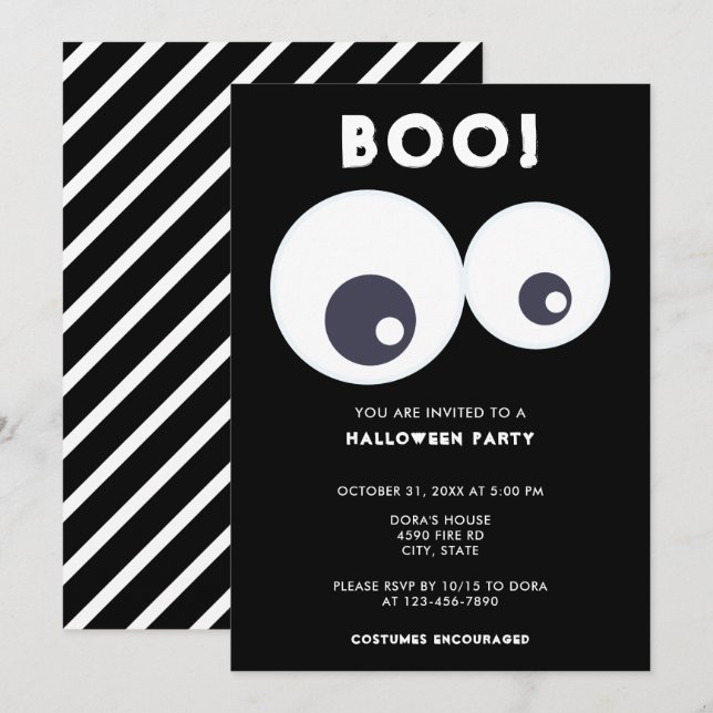 Boo söt Eyebulls Halloween fest Black & White Inbjudningar (Fram/baksida)