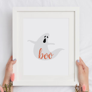 Boo. Späd vit orange-spöke. Halloween-barn party Poster