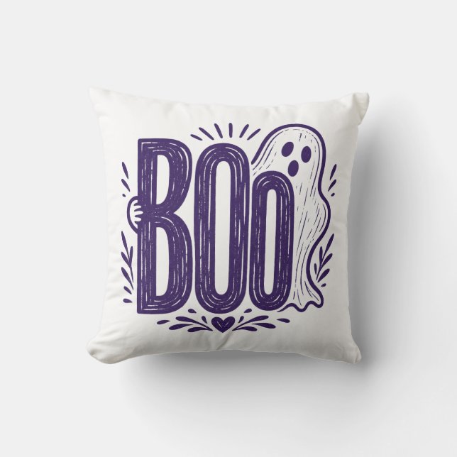 Boo Spöke Halloween Linocut Design Kudde (Framsida)