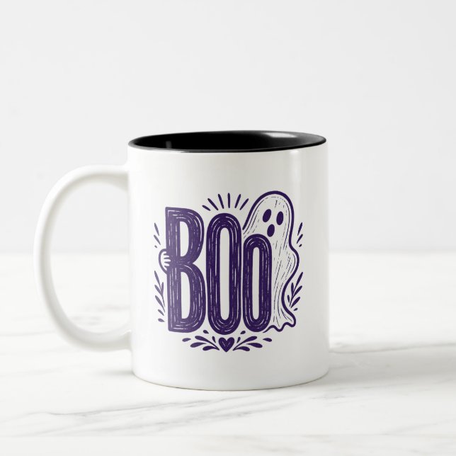 Boo Spöke Halloween Linocut Design Två-Tonad Mugg (Vänster)