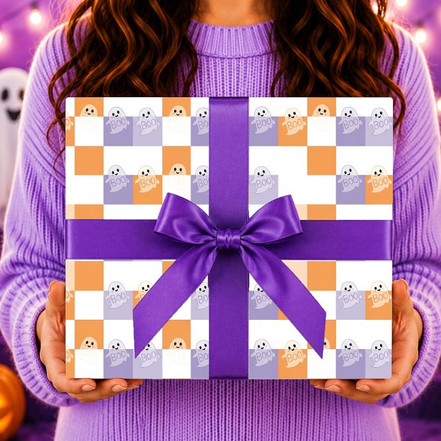 Boo-spöken lila orangea rutiga presentpapper (Skapare uppladdad)