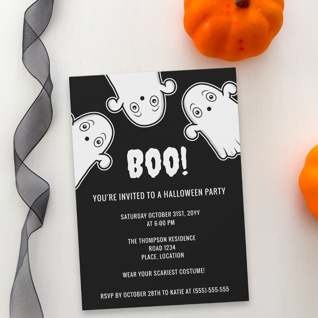 Boo Spöken Spooky Black White Halloween fest Inbjudningar (Spooky ghost design for Halloween parties. Personalize the text with the details of your event.)