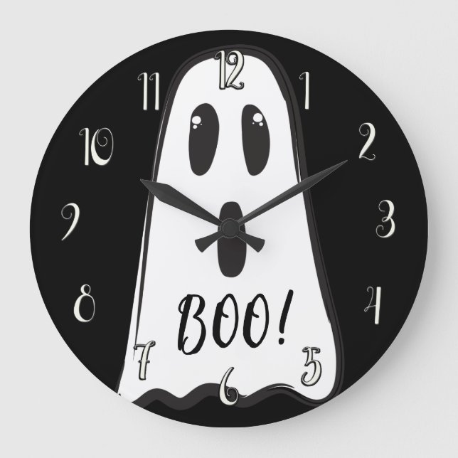 BOO! Spooky Cute Ghost Halloween Black White Stor Klocka (Framsida)