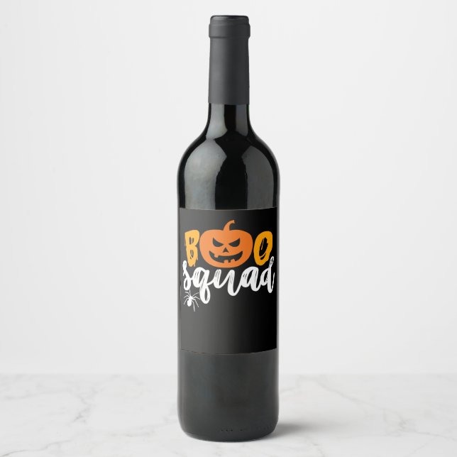 Boo Squad - Funny Pumpkin Spider Halloween Vinflaska Etikett (Framsida)