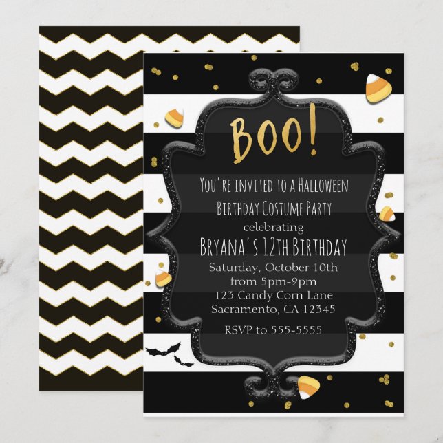 BOO! Svart och vit randig Halloween-candy Inbjudningar (Fram/baksida)