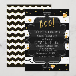BOO! Svart och vit randig Halloween-candy Inbjudningar
