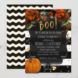 BOO! Svarta vita randiga rosor och Halloween-pumpa Inbjudningar