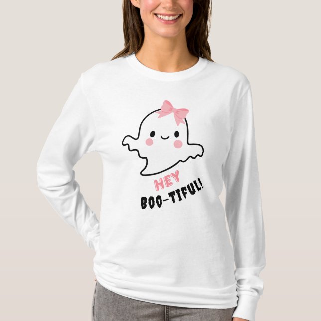 Boo-tiful! Cute Ghost med Rosa Bow Halloween T Shirt (Framsida)