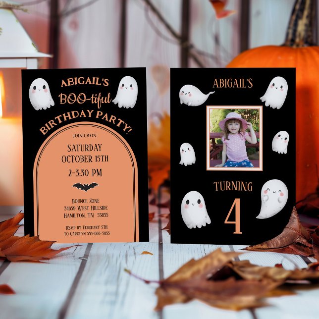 BOO-tiful Halloween Girl's Birthday Invitation Inbjudningar (Photo Halloween Birthday Party Invitation with Ghosts)
