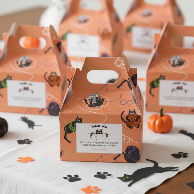 Boo-tifullt Tangled Svarta katter och Yarn Hallowe Presentaskar (Orange Black Cat & Boo Yarn Halloween October Birthday Party Thank You Favor Boxes for Cat Lover)