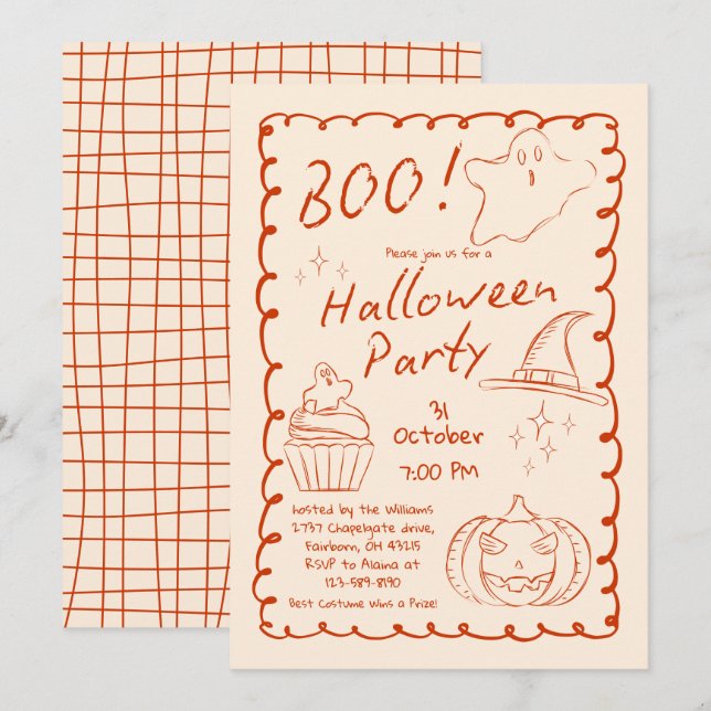 Boo! Trendig Handritad Skissig Halloweenfest  Inbjudningar (Fram/baksida)