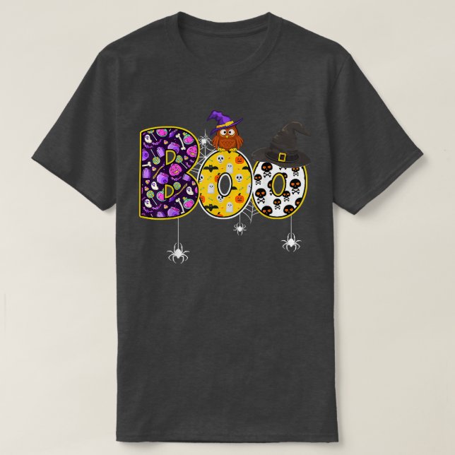 Boo Uggla med spindel- och beckhatt Halloween Cost T Shirt (Design framsida)