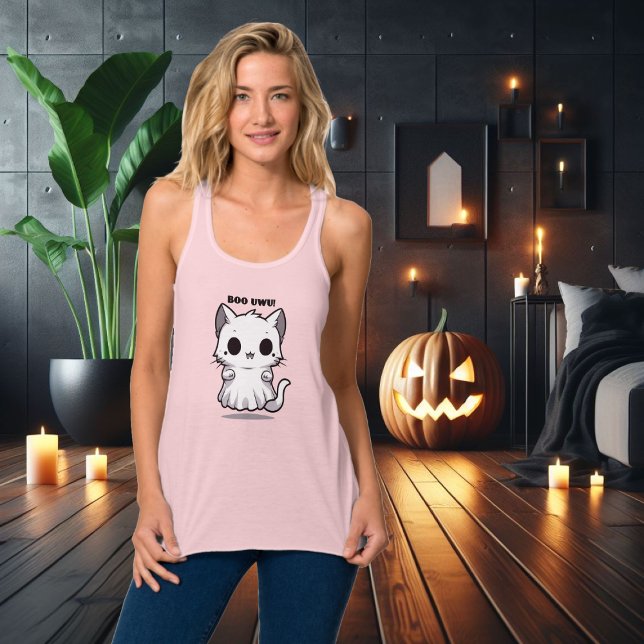 BOO UWU! Chibi Ghost Cat Halloween Illustration Linne Med Racerback (Skapare uppladdad)