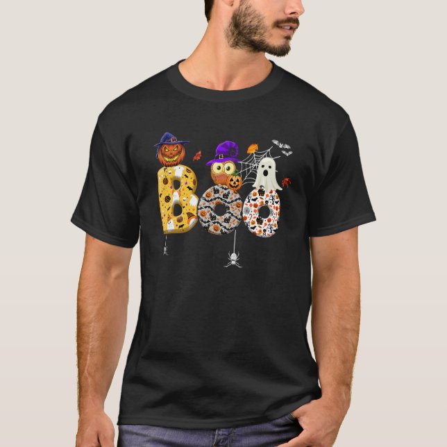 Boo With Spiders And Pumpkin Witch Hat Cute Ghost  T Shirt (Framsida)