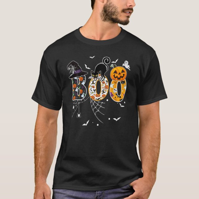 Boo With Spiders And Witch Hat Black Cat Pumpkin H T Shirt (Framsida)