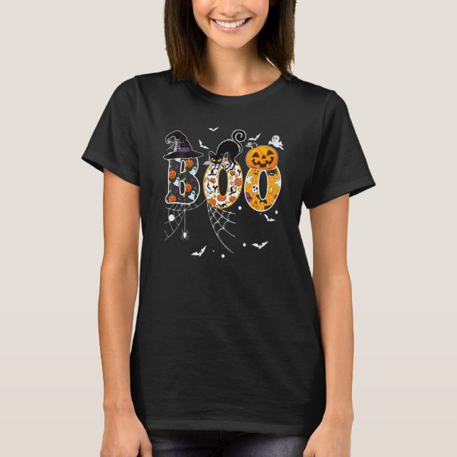 Boo With Spiders And Witch Hat Black Cat Pumpkin H T Shirt (Framsida)