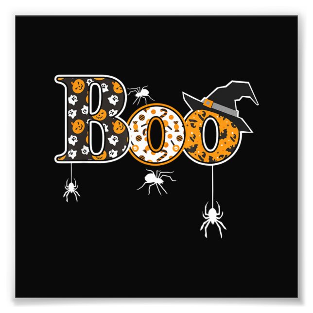 Boo With Spiders And Witch Hat Halloween Fototryck (Framsidan)