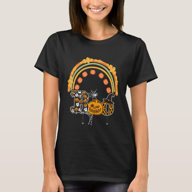 Boo With Spiders And Witch Hat Halloween Rainbow T Shirt (Framsida)
