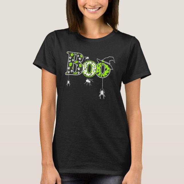 Boo With Spiders And Witch Hat Halloween T Shirt (Framsida)