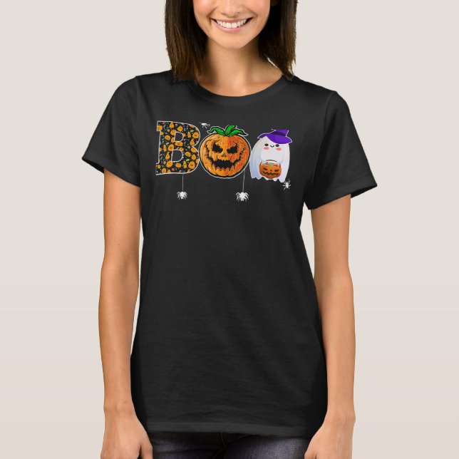 Boo With Spiders Ghost Pumpkin And Witch Hat Hallo T Shirt (Framsida)