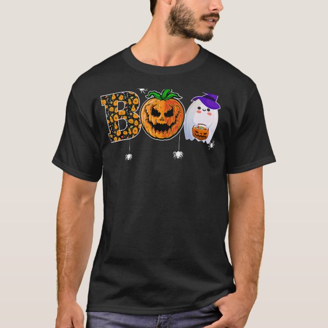 Boo With Spiders Ghost Pumpkin And Witch Hat Hallo T Shirt (Framsida)