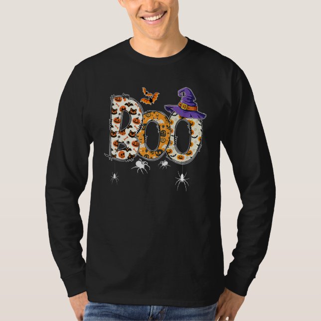 Boo With Spiders Witch Hat Halloween Costume Party T Shirt (Framsida)