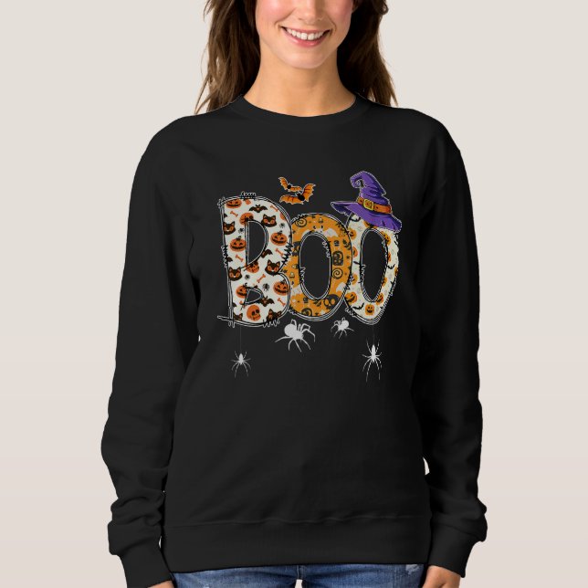 Boo With Spiders Witch Hat Halloween Costume Party T Shirt (Framsida)