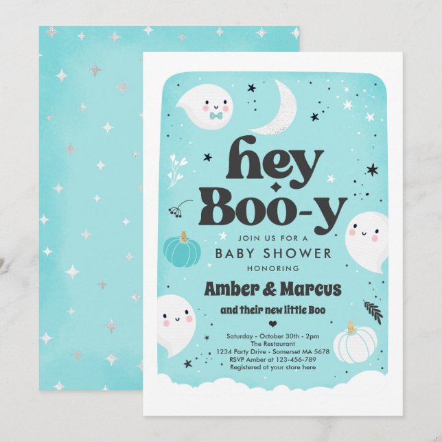 Boo-y Blue Boy Ghost Baby Shower Inbjudningar (Fram/baksida)
