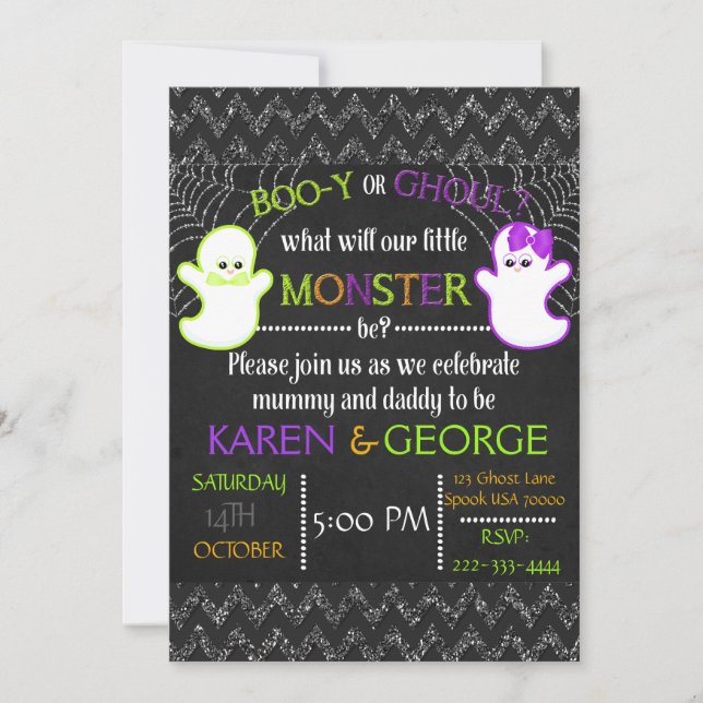 Boo-y eller Ghoul Halloween Gender Reveal Inbjudan (Framsida)