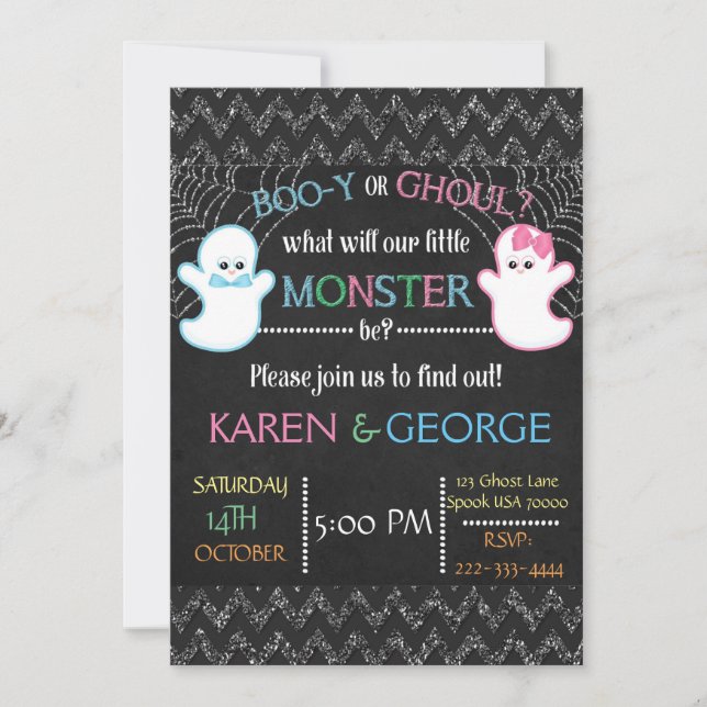 Boo-y eller Ghoul Halloween Gender Reveal Inbjudan (Framsida)