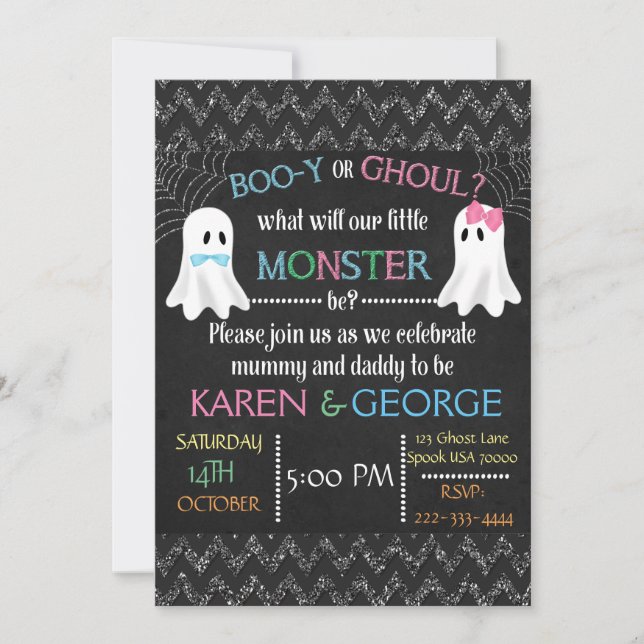 Boo-y eller Ghoul Halloween Gender Reveal Inbjudan (Framsida)