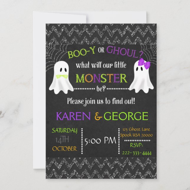 Boo-y eller Ghoul Halloween Gender Reveal Inbjudan (Framsida)